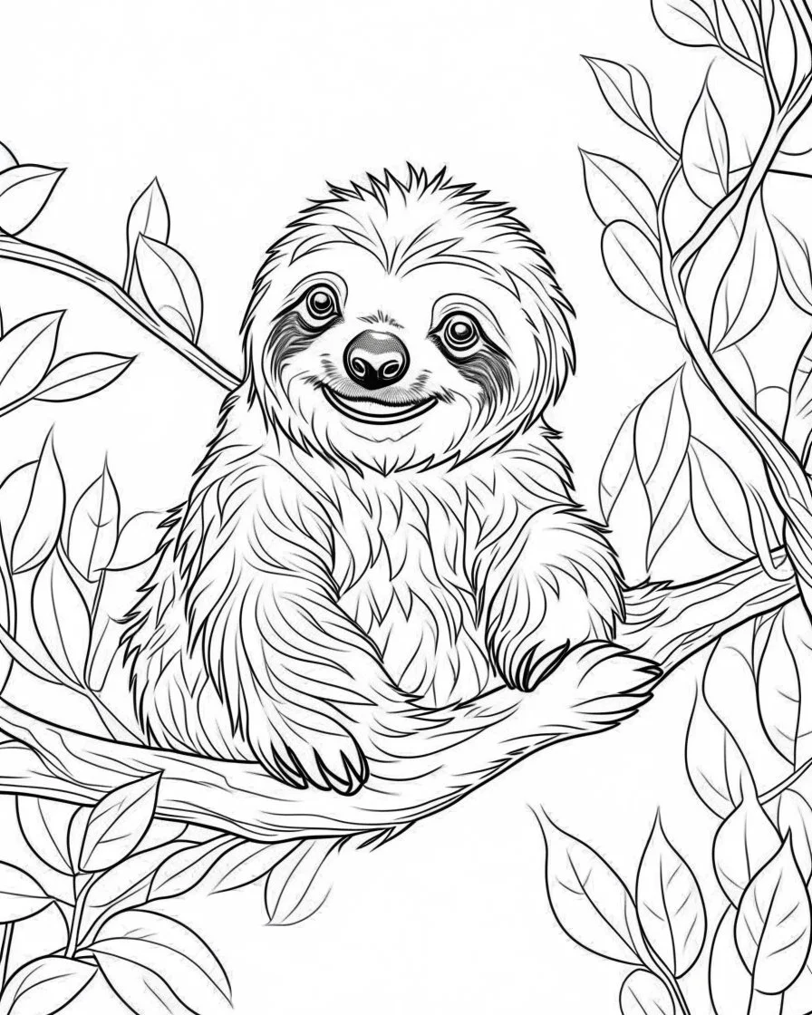 create a 2d black outline, "safari smiling cartoon sloth on a branch coloring book for kids", coloring page, low details design, black contour, coloring page design, simple background, colorful , card style, coloring page for kids, white background, sketch style, safari landscape, cartoon style