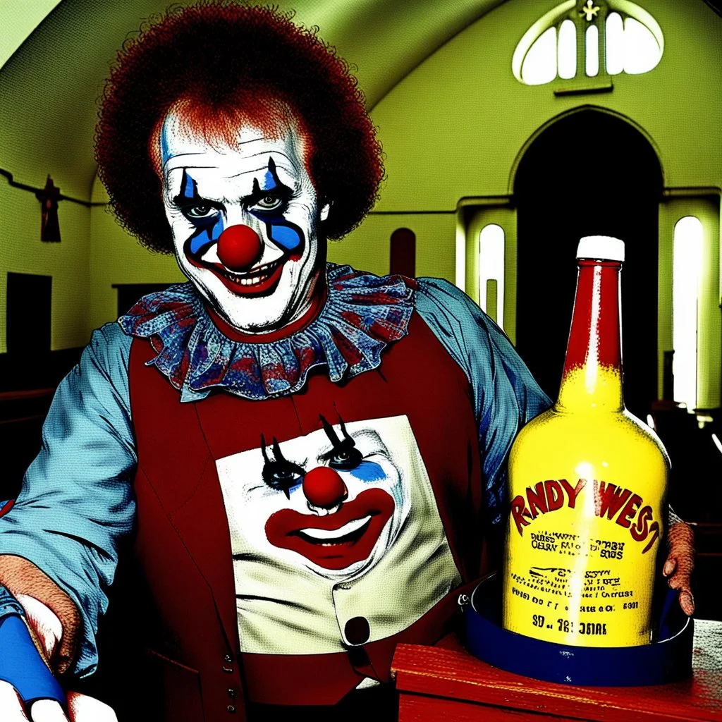 Randy West, A clown that is looking Like the famous actor Randy West holding a bottle inside a church, Randy West is an actor from the 1980, John Wayne Gacy