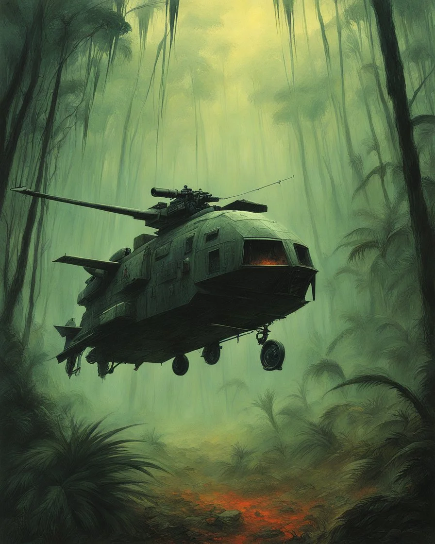 hidden predator [art by John Paul Leon and Zdzislaw Beksinski] in the jungle tactic squadron member trained to kill PREDATORS, helicopterus alien with a lot of mini guns