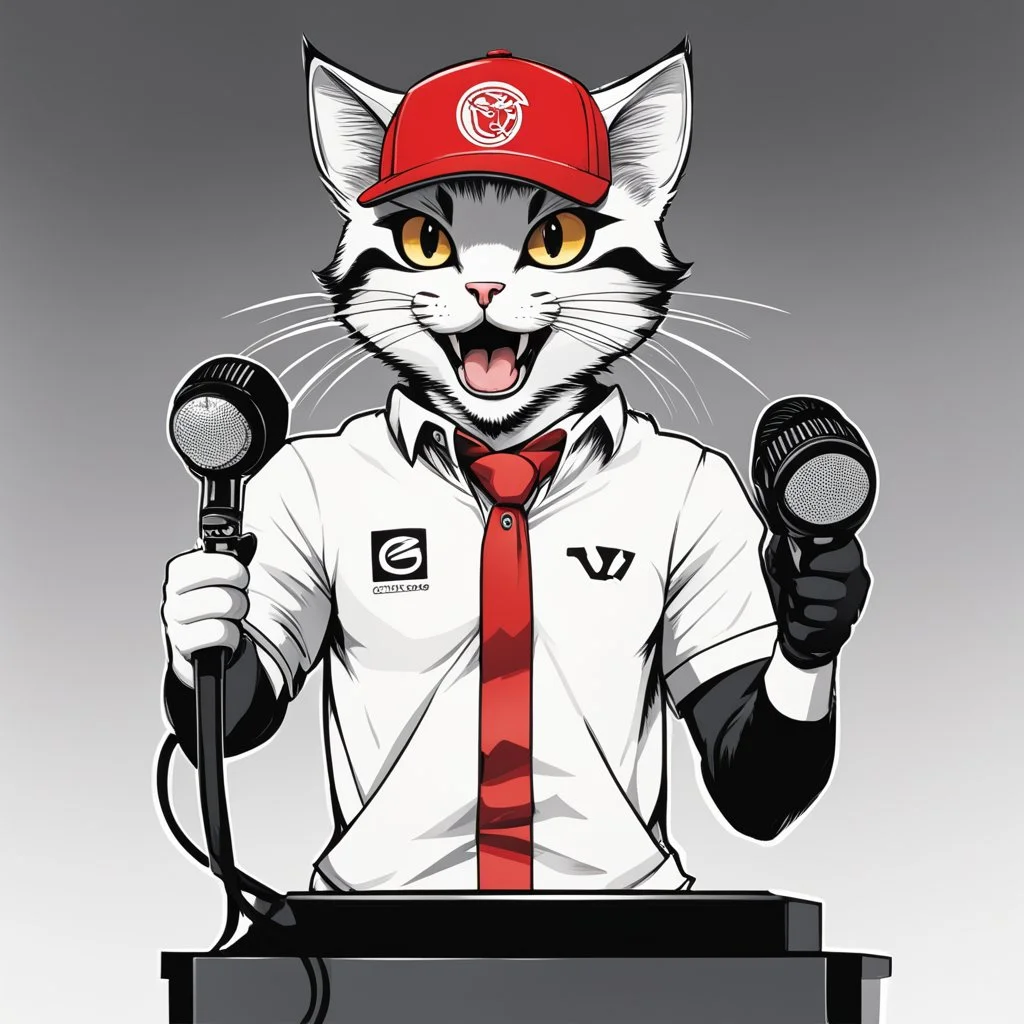 a drawing of a manga cat man with a sports cap and shirt, speaking at a (((lectern))) with a microphone, red, white and black colors, cat white and black colors, (((smiling cat)))