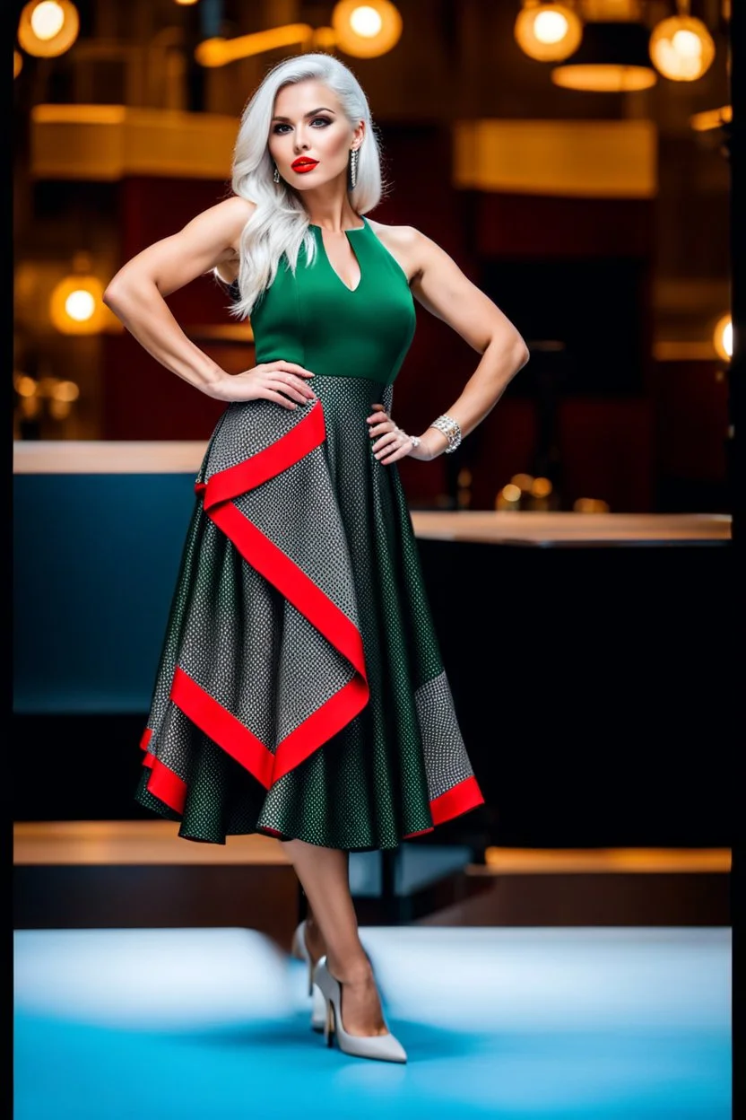 full body of very beautiful ukrain lady wearing green_black pretty midi flared dress ,white gray hair ,standing idle pose in studio