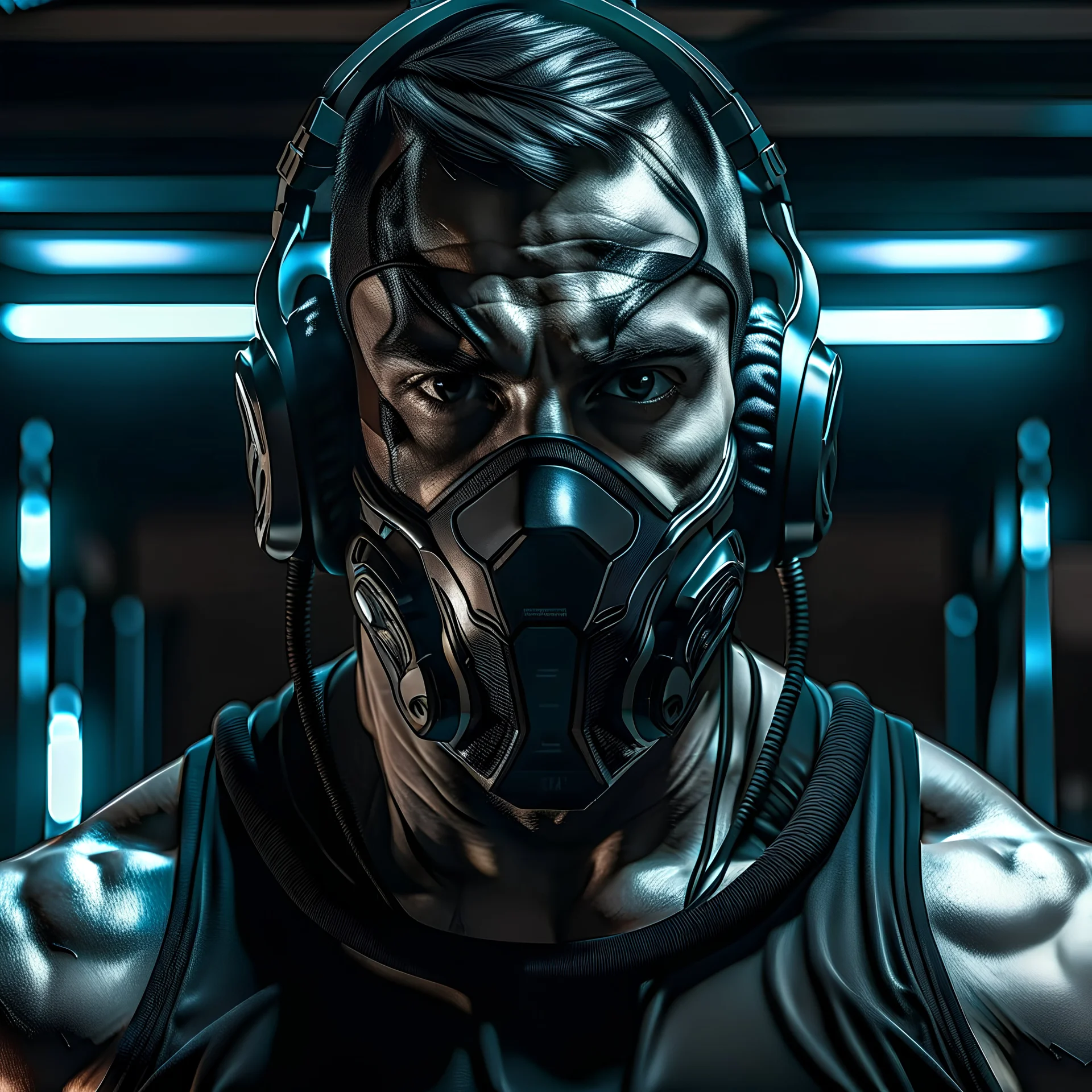 Man, muscular, front face, mask face, headphones, gym, cyberpunk