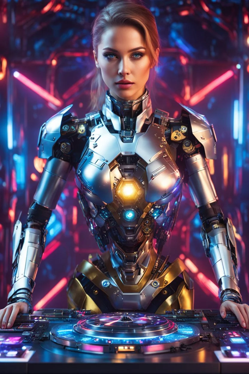 Front view gorgeous Realistic Photography beautiful super model Russian as playing Dj player with body full mechanical ironman cyborg realistic beautiful woman hyper detailed,disco club background