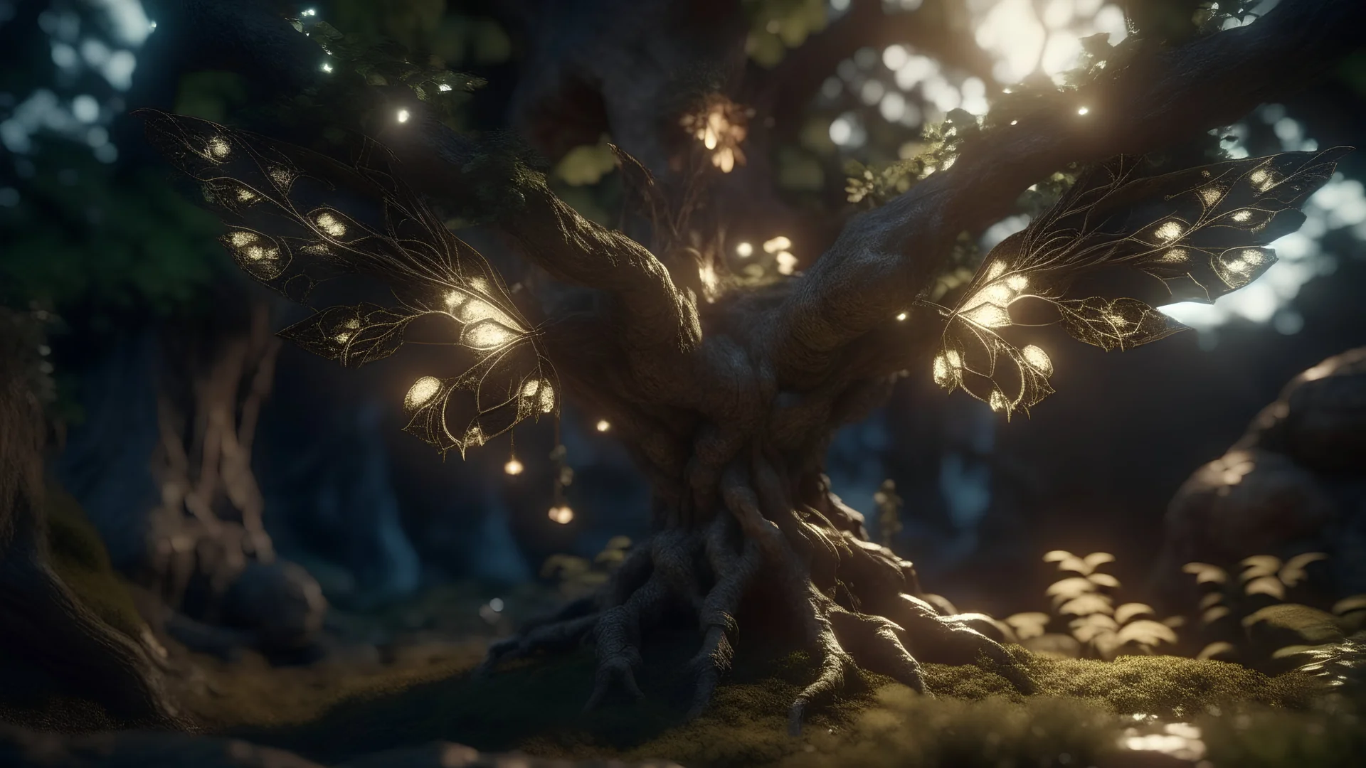 friendly Golem Tree with wings on a luminescent biome, oddities everywhere, enchanted, magical, cinematic shot, intricate, ornate, photorealistic, ultra detailed, realistic, 100mm, photography, octane, high definition, depth of field, bokeh, 8k, behance, artstation