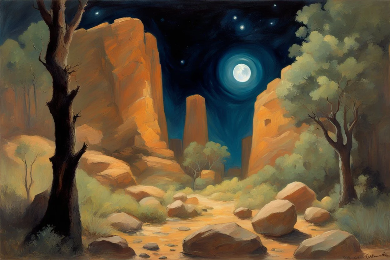 Night, rocks, mountains, trees, rocky land, sci-fi, Rodolphe wytsman and wilfrid de glehn impressionism paintings