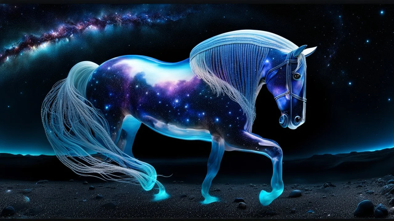 jellyfish-horse hybrid , stunning weird, blue sand, galaxy, stars, fantasy, sci-fi, detailed, masterpiece intricate detail, deep colors, hight textures, glitch, metallic shine, sharp focus, 64 megapixels, surreal mood