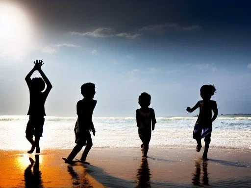 children playing on the Indian beach capture them against the sun and make an art silhouette, hyper details, real sharp, 8k, well detailed, well shaped