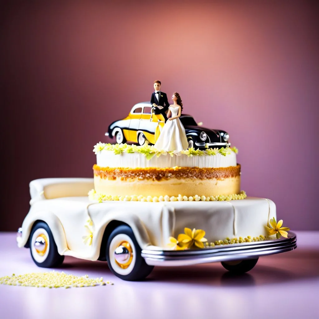 a big wedding single layer cake with a toy Luxury car without roof over cake and a small bride groom sitting in car