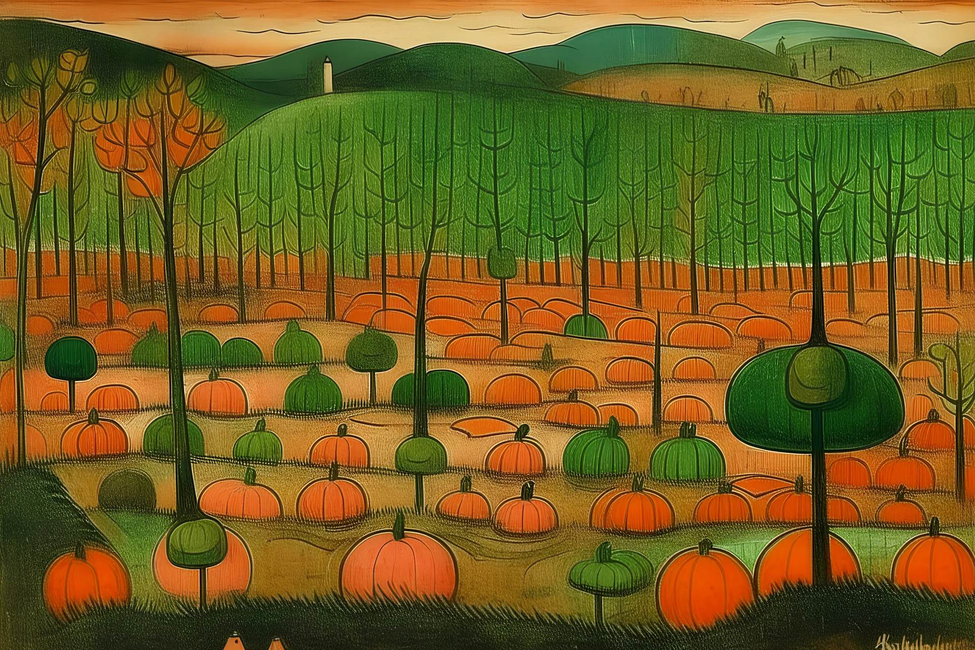 A swamp filled with pumpkins painted by Paul Klee