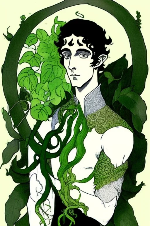 young half-Elf nobleman with green thumbs and 2 vine-like tentacles with black hair and green eyes and green thumbs with claws in the style of Aubrey Beardsley