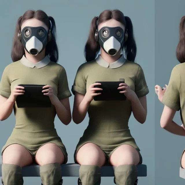 cute girls sitting at the computer in military gas masks. the masks are checkered.