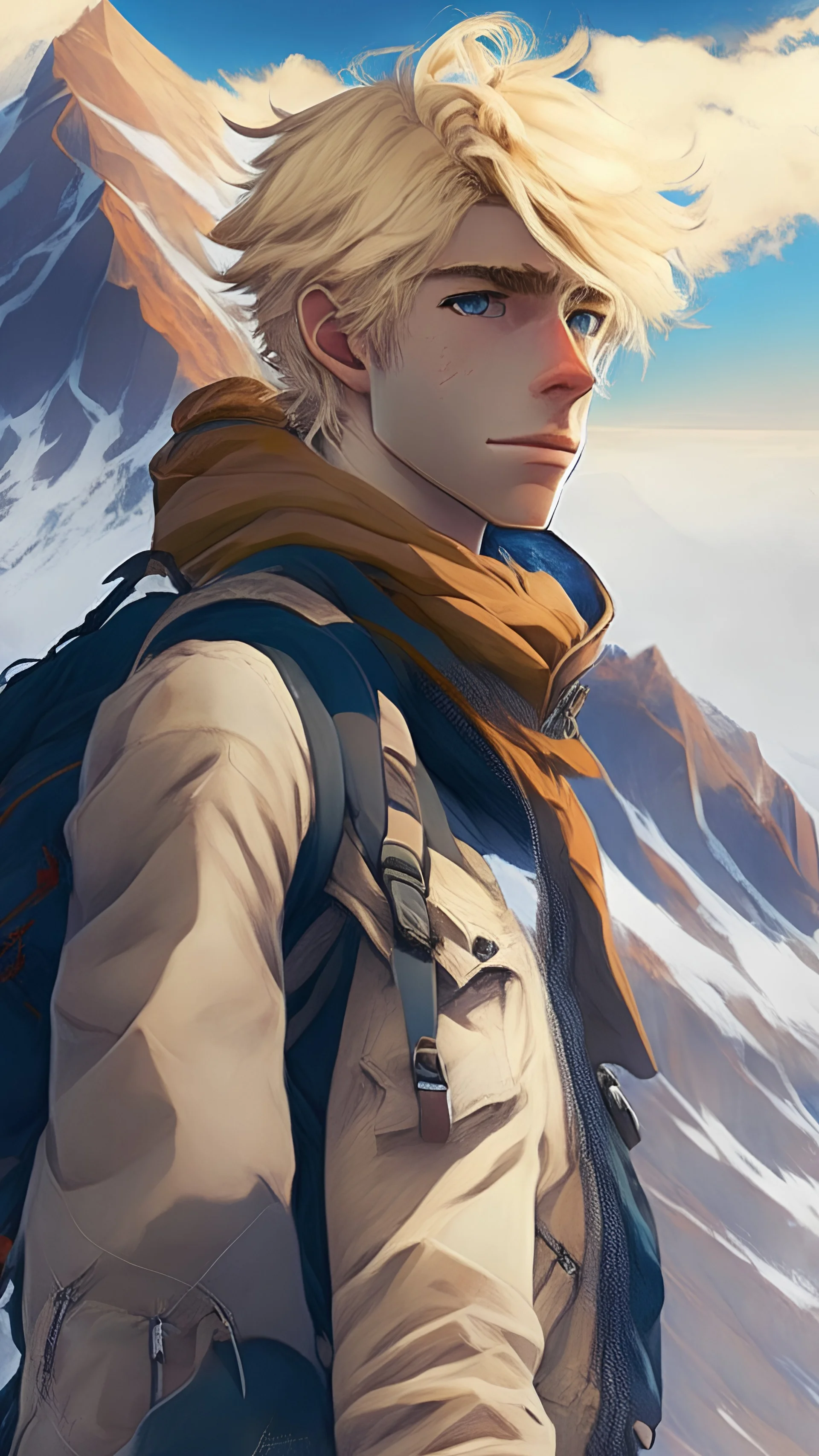 anime image of a blonde-haired, handsome-looking, beautiful-eyed man standing on the top of a mountain, face facing the camera with a backpack, CGI graphic image output, greg Rutkowski style