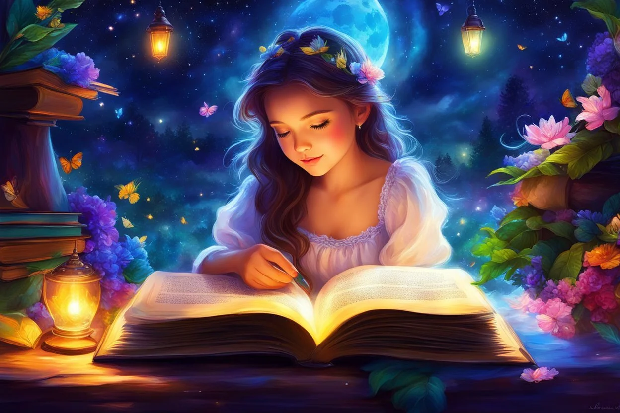 Masterpiece, best quality, adorable digital painting style, beautiful fantasy art, colorful. In a magical world full of colorful delight, a beautiful girl finds comfort at night as she delves into the pages of her beloved book, banishing fear through study and thought. Magic comes alive with each word she reads, allowing her dreams to thrive in the wondrous escape of a bright world within the book she holds.