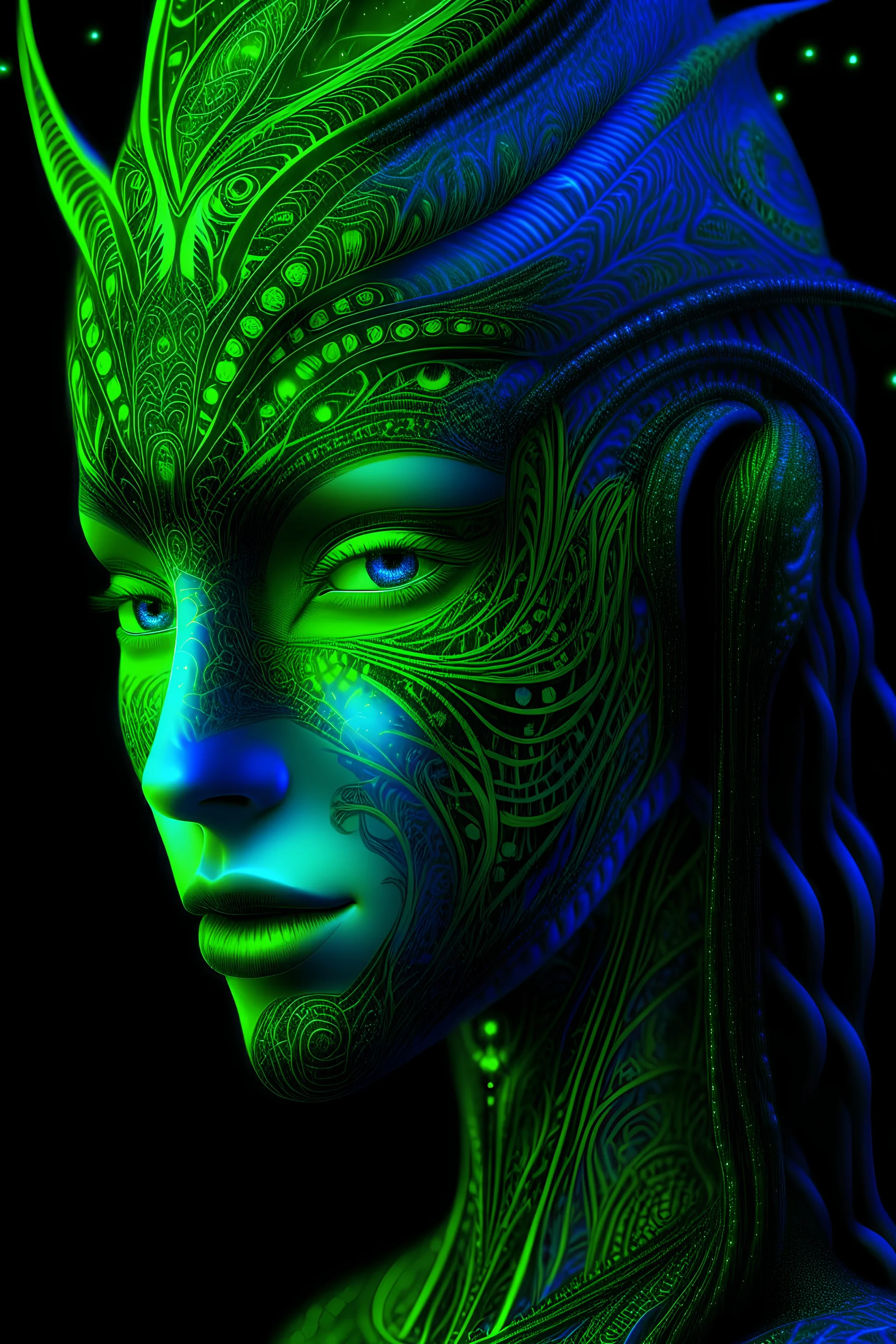 6 feet, with a slender and graceful figure. skin is a mesmerizing blend of deep, dark, reminiscent of a moonlit forest.midnight blue, emerald green, and deep purple. The skin is intricate patterns that resemble constellations, eyes are large, glowing with an eerie, phosphorescent light.a piercing shade of neon green,aura.face is framed by long, flowing tendrils of bioluminescent hair, reminiscent of glowing jellyfish tentacles.