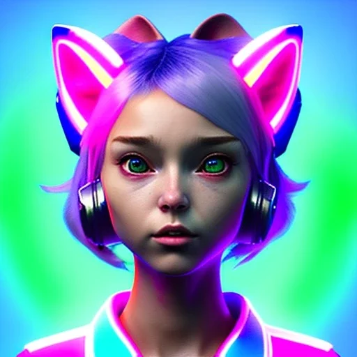 waitress teenager, cat ears headband, rounded face, pink hair, color cheeks, striped shirt, neon ambient light, vibrant color, highly detailed, art stations, concept art, smooth, 16 bit, unreal engine 5, god rays, ray tracing, RTX, lumen lighting, ultra detail, volumetric lighting, 3d, finely drawn, high definition, high resolution.