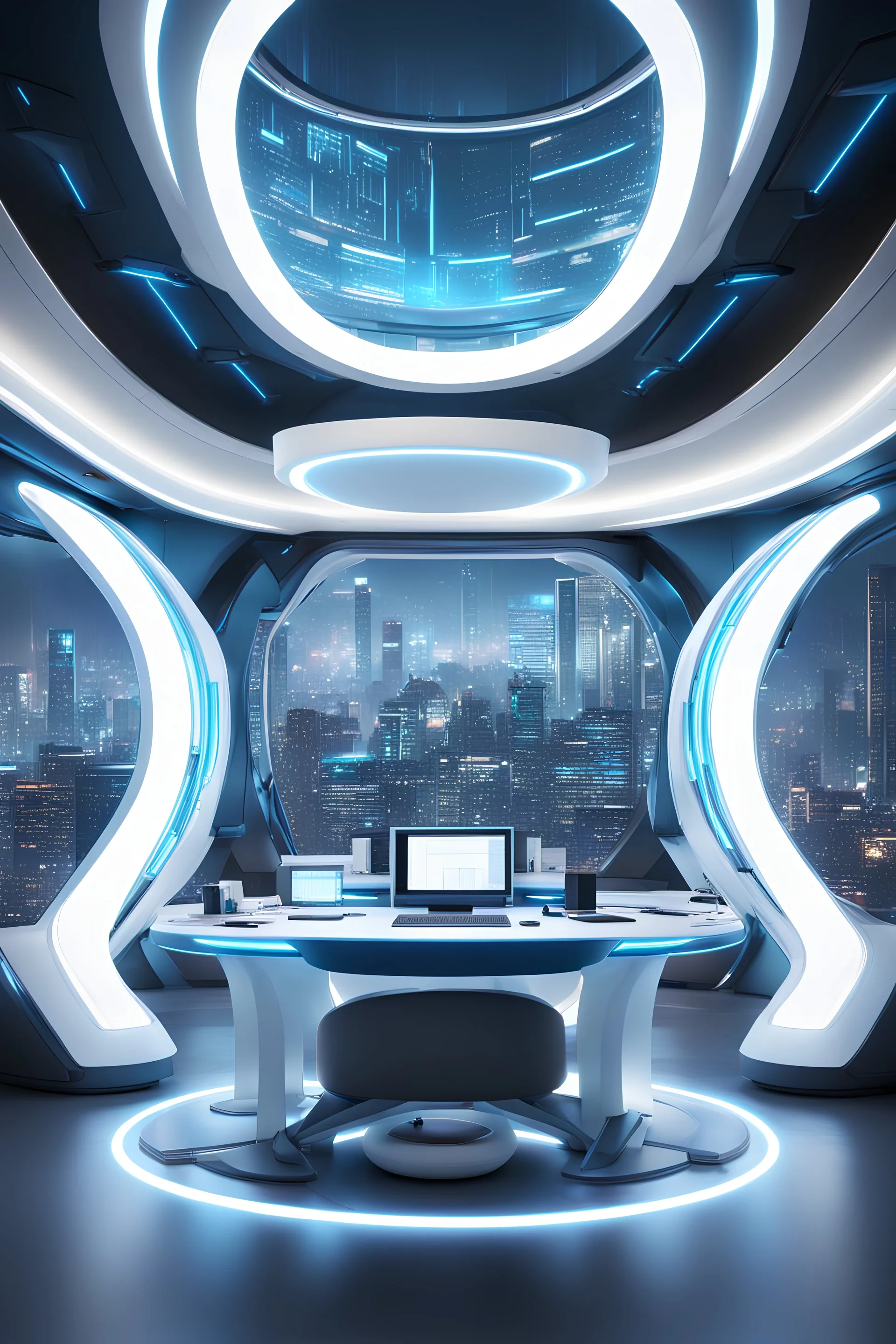 fotografia panoramica del interior de una oficina futurista, colores blanco y azul, luces de neon decorativas, gran ventanal con vistas a la ciudad de neo tokio, formas redondeadas, panoramico, sala amplia con un gran escritorio futuristico en el medio, neon ambiance, abstract black oil, gear mecha, detailed acrylic, grunge, intricate complexity, rendered in unreal engine, photorealistic