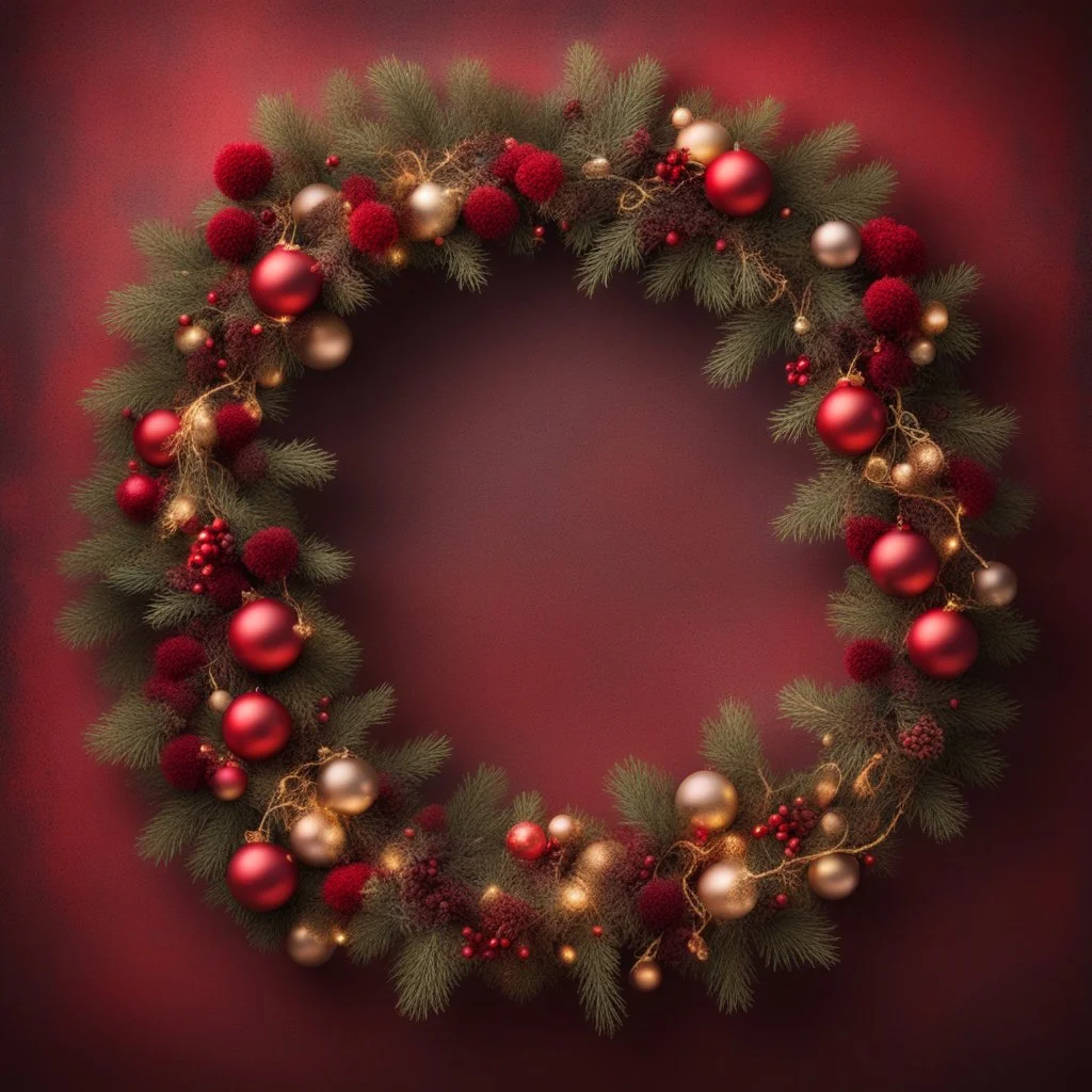 Beautiful Decorated Christmas Wreath with Fairy Lights On It With Red And Maroon Grunge Background.