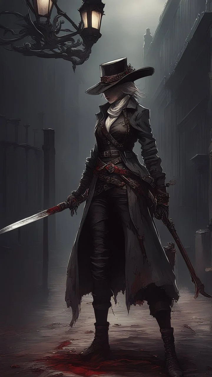 Lady maria form bloodborn with bloody eyes holding a katana and the atmosphere is dark and the time is 1800s london themed