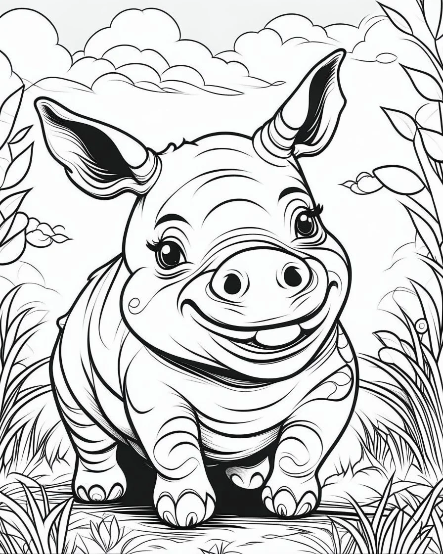 create a 2d black outline, "safari smiling cartoon rhino coloring book for toddlers", coloring page, low details design, black contour, coloring page design, simple background, colorful , card style, coloring page for kids, white background, sketch style, safari landscape, cartoon style