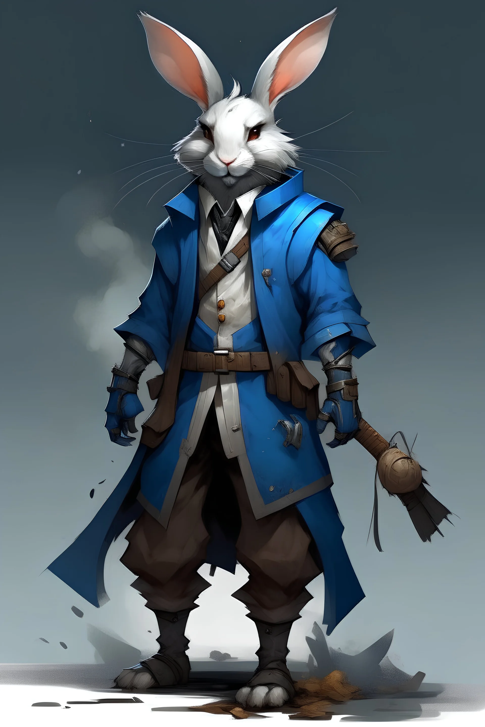 Full body dnd character. Fantasy rabbit with blue fur. Lots of belts wearing tattered trench coat. Smokey background.