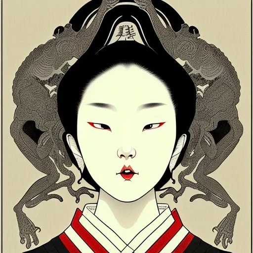 Ukiyo-e styled art, blacn and white frog