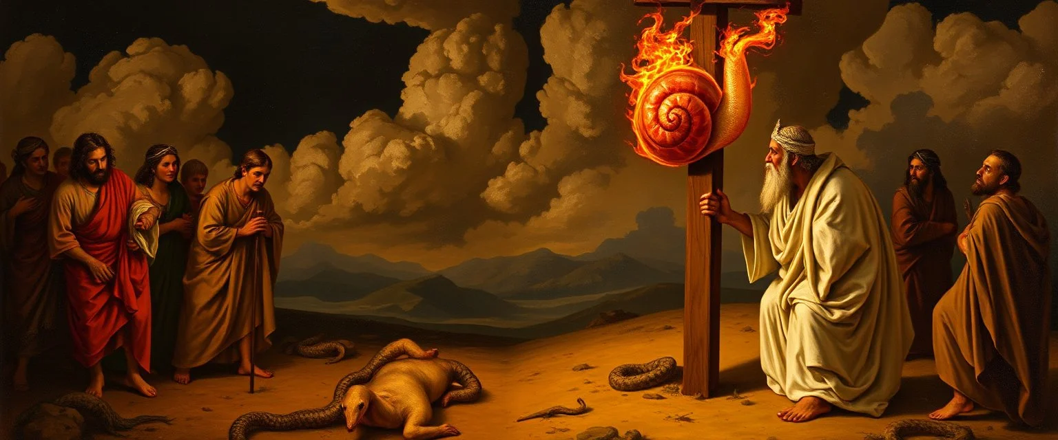 So the people came to Moses and said, “We have sinned, because we have spoken against the Lord and against you; intercede with the Lord, that He will remove the serpents from us.” And Moses interceded for the people. 8 Then the Lord said to Moses, “[a]Make a fiery snail , and put it on a cross flag pole; and it shall come about, that everyone who is bitten, and looks at it, will be healed by rays.” painted by Rembrandt