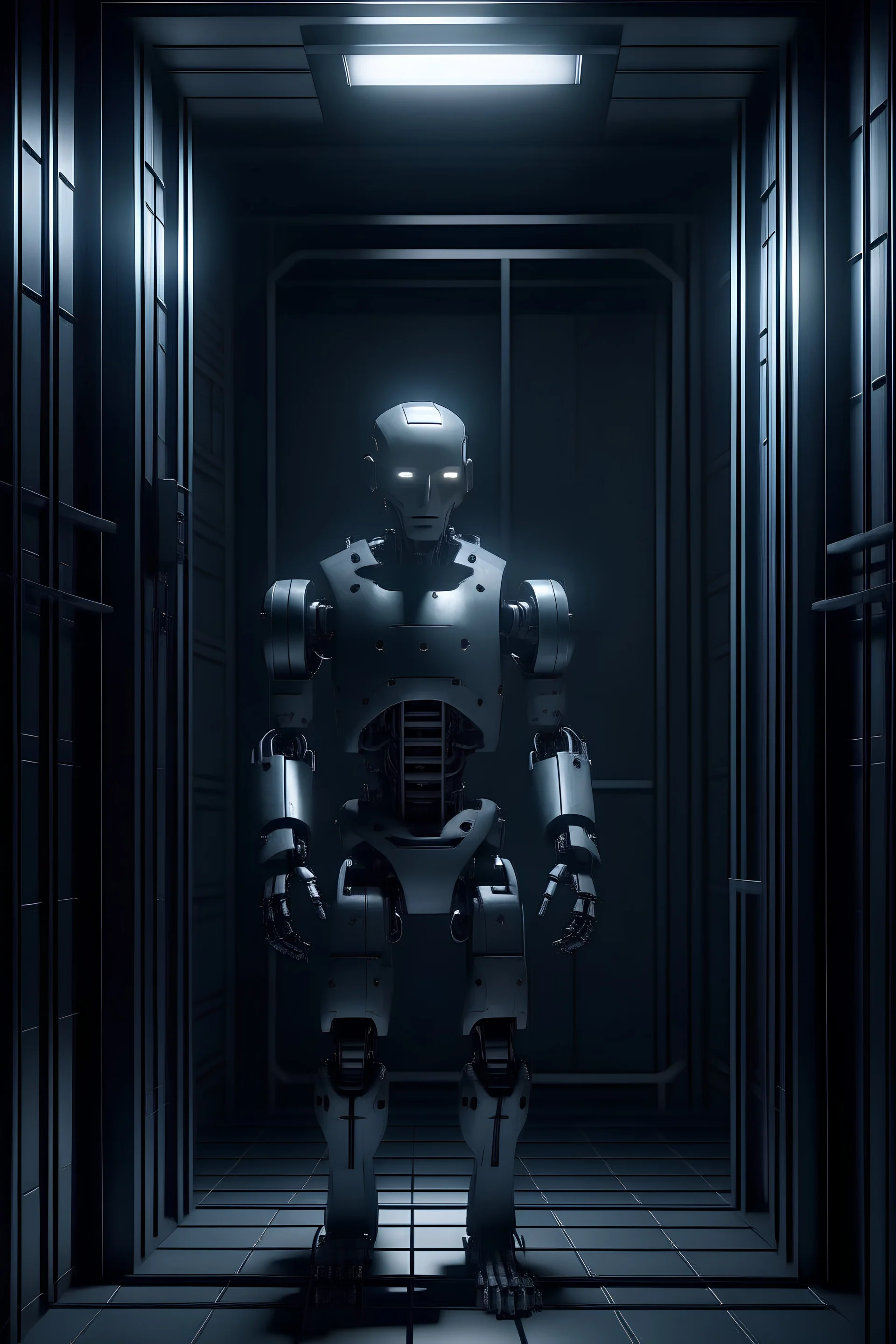 Imagen realista de un robot similar a un humano potenciado con inteligencia artificial encerrado en una celda de una prisión atmósfera oscura.