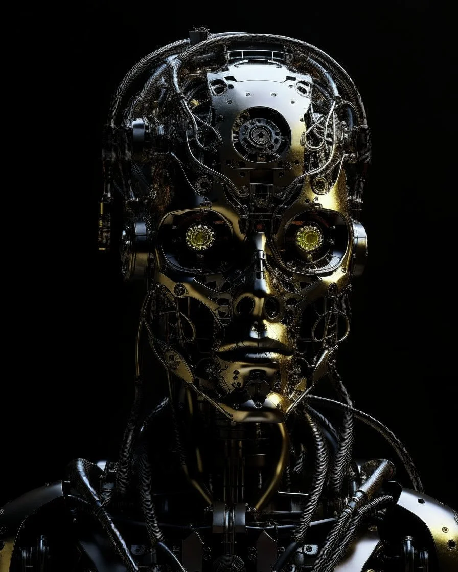 Create an image that is more interesting and cool than the current one, featuring a highly detailed and advanced robotic head with glowing elements, intricate mechanical details, and a sleek futuristic design. The robot should have an imposing presence and be set against a dark background to highlight its features.