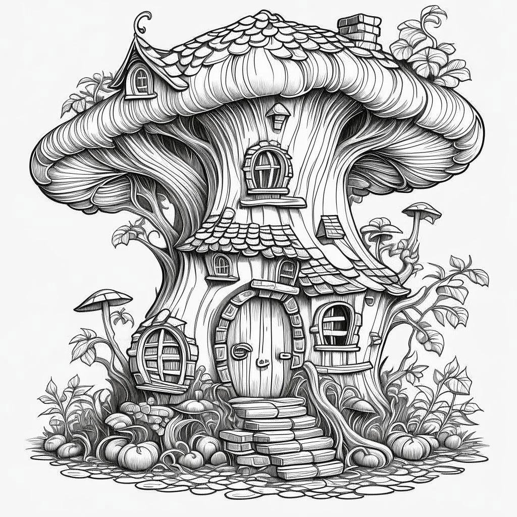 Fairy House, Whimsical Tree Hollow, exact shape, real image, minimal lines, white back ground color, real style, realistic, minimalistic, minimal black line art, line art, crisp line art, unique coloring sheet, outlined, outline, crisp, crisp line edges, illustration, thin lines, crisp clear lines, line art, clean line art, unique, 8k, amazing, masterpiece, no colors, no dark color, no black color, avoid thick black, minimalistic line edges, pure white back ground,