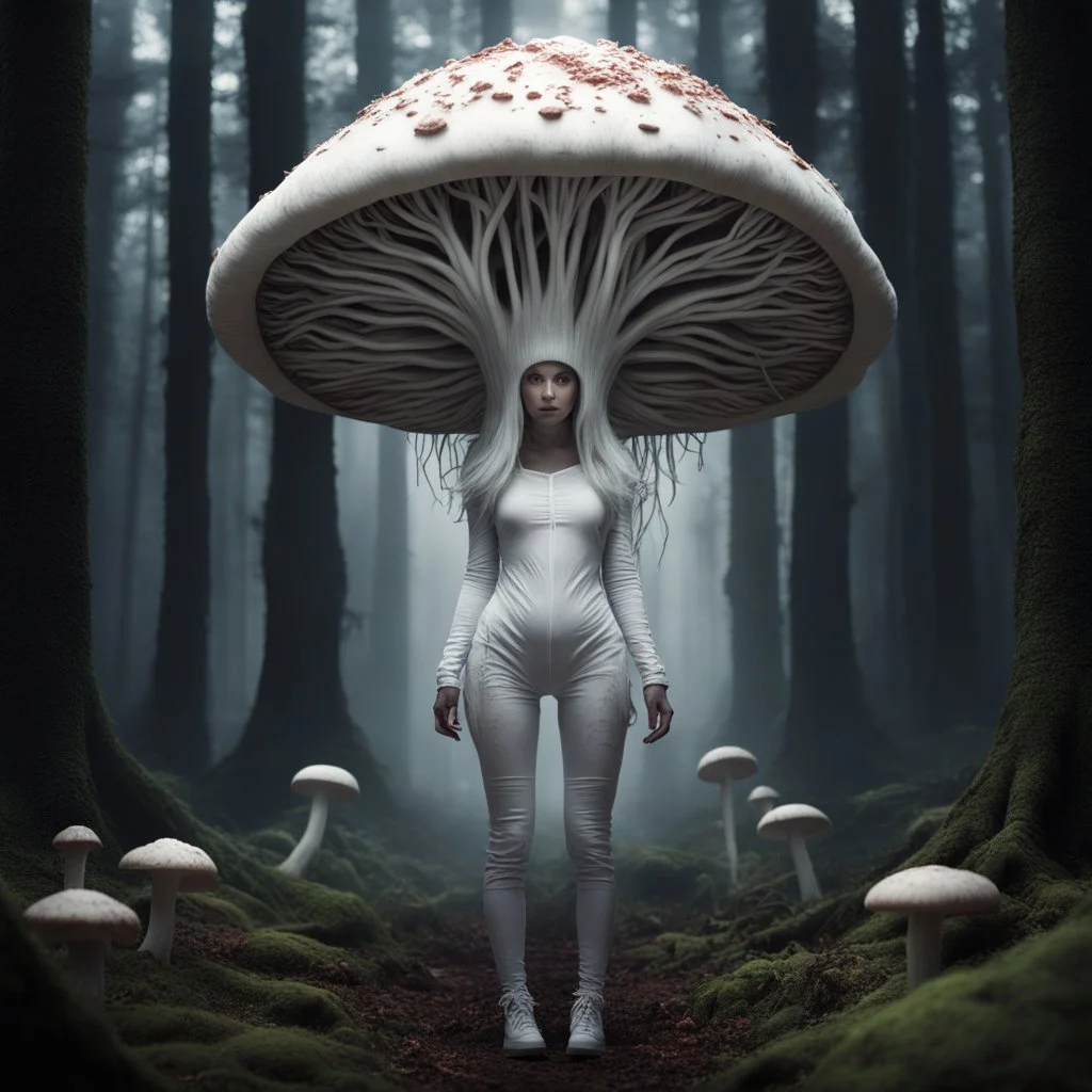 [heavy metal cover: Don't Burn – Montxo Algora] In the heart of a dark and spooky forest, a woman with big eyes, her head enclosed in a giant mushroom cap, stands trembling. She is clad in a full-body mushroom symbiote suit made of white mycelium, blending seamlessly with the eerie surroundings. Surrounding her are several giant mushrooms, their shapes resembling women, casting long, haunting shadows in the dim light of the forest.The woman's eyes dart nervously from one mushroom figure to anot