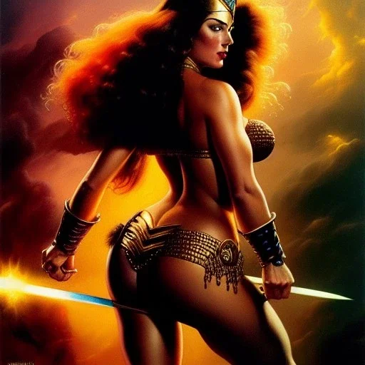 portrait oil on canvas,beautiful booty busty Female Warrior, minimal armor,comic book cover, mystical colors,insanely detailed,realistic,intrincate detail, 16k resolution, masterpiece,Frank Frazetta,Alex Horley, Simon Bisley,ARTHUR ADAMS