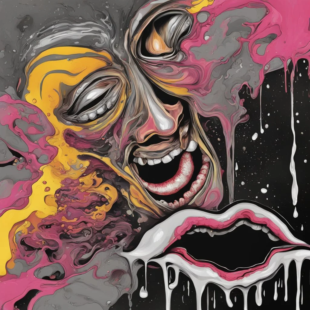 Surreal digital illustration of only a floating mouth that is puking out a psychedelic love spell, spilling from the large pair of cartoonist , overexaggerated lips, manga inspired, absurdist, postmodern, only black and grey color palette, crude, fluid acrylic paint, epoxy resin , acrylic pour, unusual colors, trippy, gross, abstract, pulp fiction art style illustration, realvsx