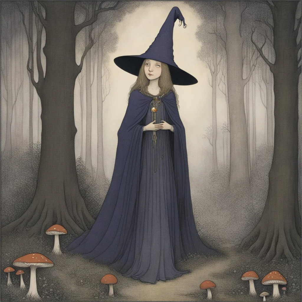 [art by john bauer] In the heart of an enchanted forest, where the light barely filtered through towering trees, a mischievous witch named Morgella was joyfully gathering magical mushrooms. Her wide violet cloak, adorned with a sparkling gem on her hat, revealed her status as an experienced witch, but her sparkling eyes and joyful laughter showed she wasn’t as serious as some might think.