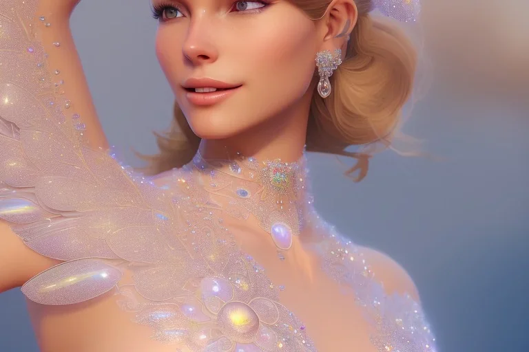 beautiful fairy very etheric, smiling, magic glamour make up, delicate colors, transparent wings, beautiful glamour transparent dress, ultra sharp focus, 8k, unreal engine 5, extremely sharp detail, light effect, soft light atmosphere, smooth, full of details, face in front