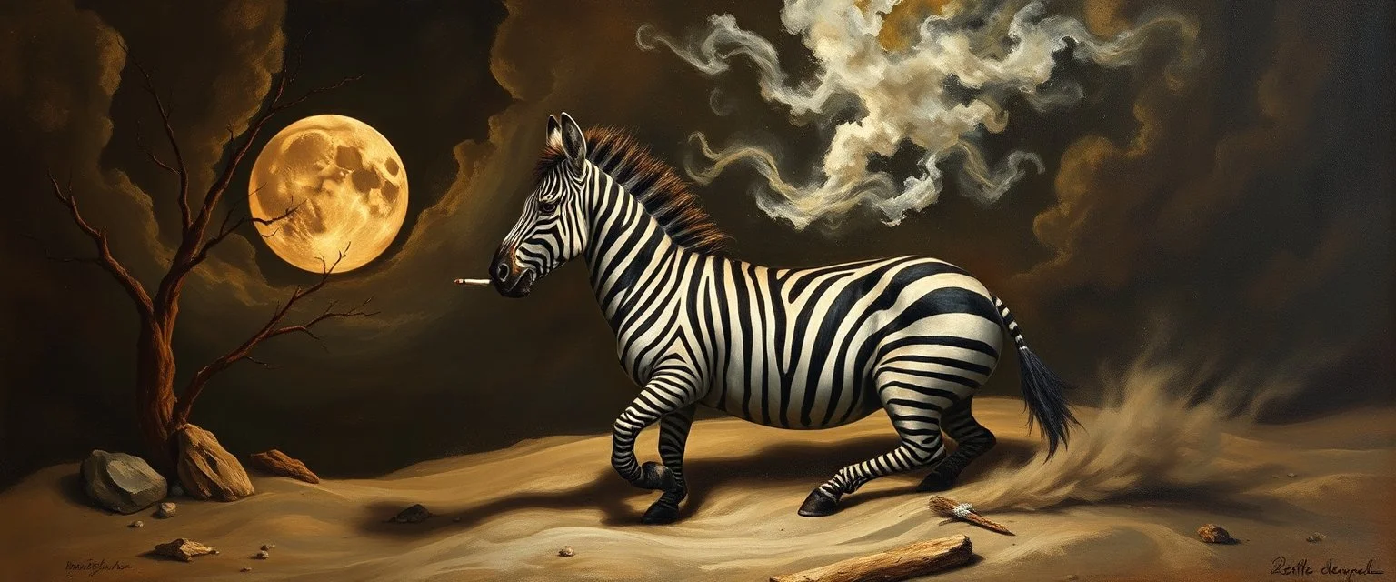 master oil painting by Rembrandt, good afternoon clay moon chill hyper zebra dream smoking trickster golem peeking out of a sand twister whirlwind cocoon