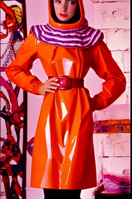 year 1990's women fashion. Light dress with integrated bags and with new kind of hood with tippet that continues downwards too! recycled denim straight, lilac, plum, orange, terracotta, red, light yellow, lion yellow, pink, dark blue, beige. Pike fish, huge vulgarism, -print. wide belt. Partly latex or leather. Kylie Monologue, Tyre Banks. Bridget Jones, Missy Elliot,Jennifer Lopez.Karjalainen kuvio,Karjala pattern tradition