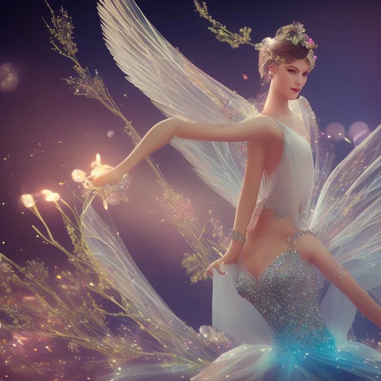 beautiful fairy in a galactic ambiance, transparent wings, delicate colors, finely tuned detail, ultra high definition, 8 k, unreal engine 5, ultra sharp focus