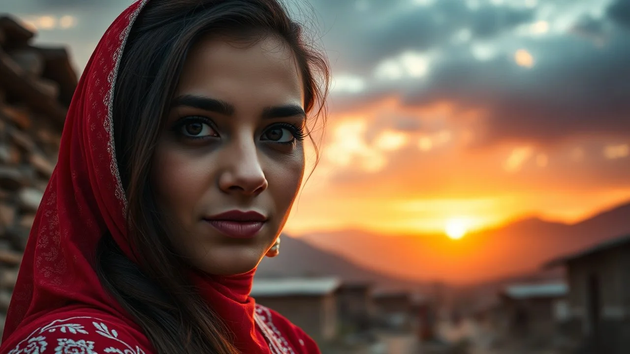 A Closeup face of a beautiful a young Pakistani pashto woman in a beautiful traditional red dress with white embroidery outside village houses made of rocks & bricks with mountains behind her at beautiful cloudy sunset showing cinematic And dramatic ambiance.