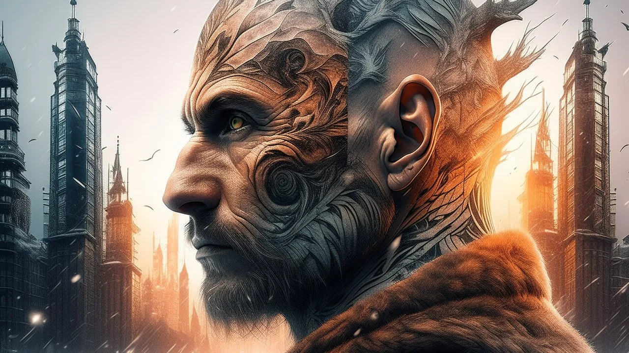 Double exposure, Wolfman, photorealism, man, city, sunset, snow, rain, fantasy, mystical, tattoo, vertical pupils, high detail, high resolution, 8K