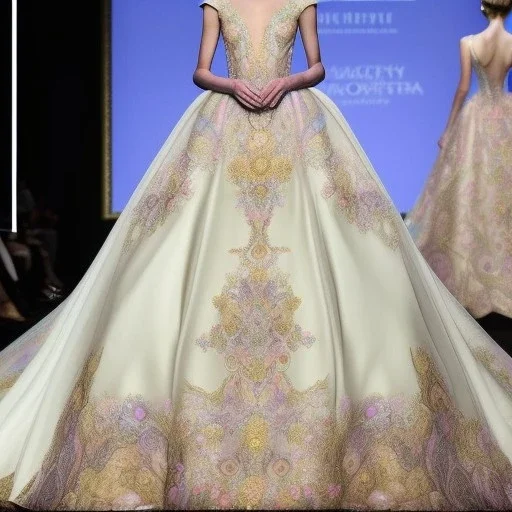 stunning couture gown designed by Marchesa inspired by fairytales, realistic, detailed, high quality, intricate, dreamlike background, soft pastel colors