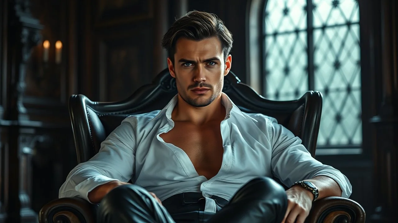 A breathtaking cinematic portrait of a handsome, muscular man around 35 years old sitting confidently in an elegant Victorian armchair inside a dark Gothic castle room. He has medium-length dark hair, a strong masculine face, subtle stubble, and an intense, determined gaze looking directly into the camera. His white shirt is partially unbuttoned, revealing part of his chest, with fitted black leather trousers and classic Gothic elegance. detalied, cinematic