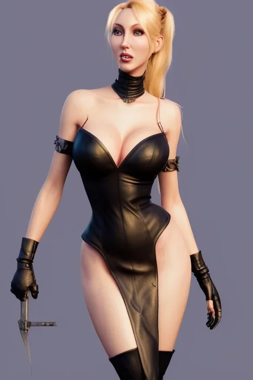 Brandi Love in black leather gown, evil, busty, cleavage, curvy, angry, happy, stern look. character design by cory loftis, fenghua zhong, ryohei hase, ismail inceoglu and ruan jia. unreal engine 5, artistic lighting, highly detailed, photorealistic, fantasy