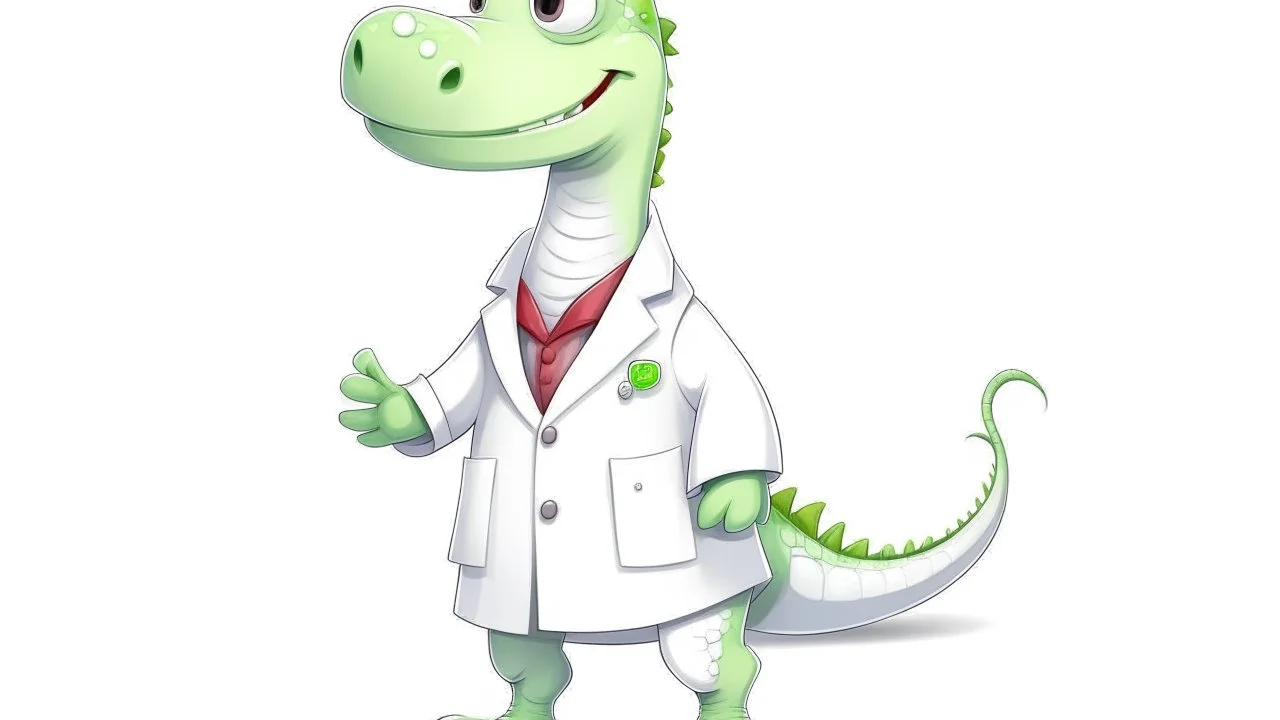 Cartoon illustration for children: Doctosaurus in a white doctor's coat, white background