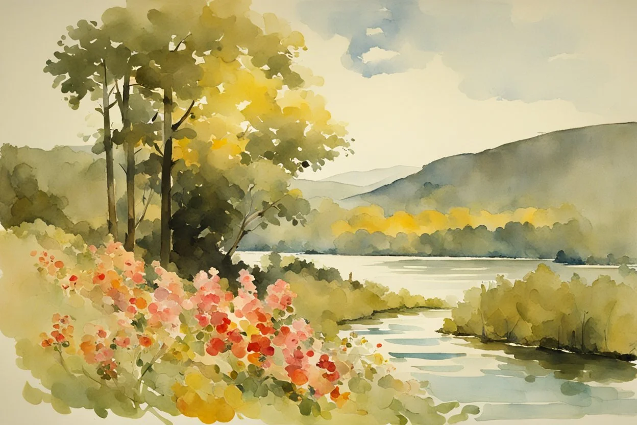 Sunny day, flowers, mountains, river, epic, winslow homer watercolor paintings