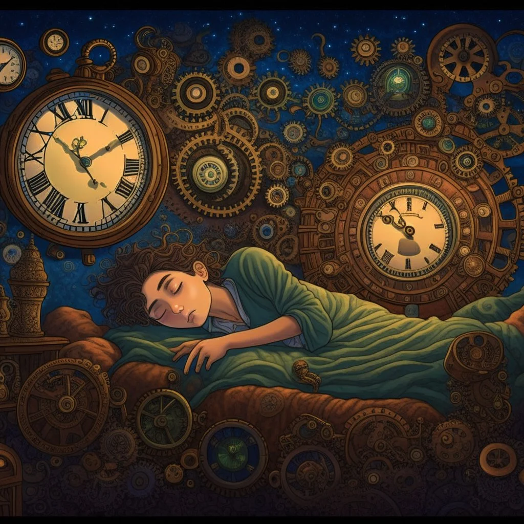 A drug-addicted individual is illustrated lying in bed, surrounded by old clockwork machinery and gears. As they drift off into their fantasy, the clocks come alive, each one representing a different realm of their imagination. The hands of the clocks spin backward, accelerating time, and whisking the person away to their magical dreamscape.