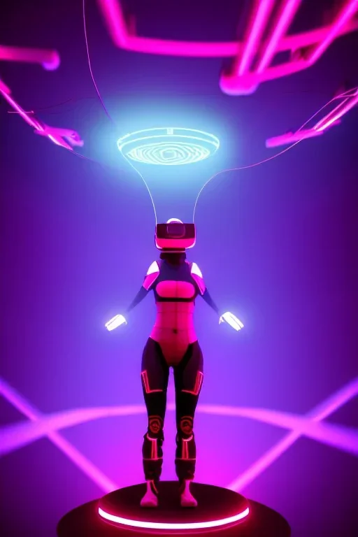 3d, si-fi hunger, girl middle stand on round glowing platform, connected by wires , vr googles, beautifully color coded, super detailed, moody lighting, volumetric lighting, night time, glowing veins, mass effect, vertical light glow