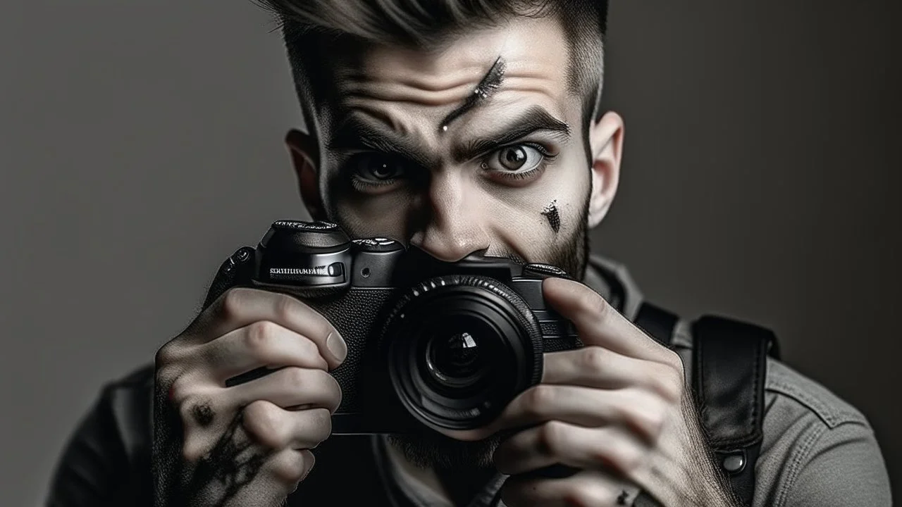 manic man with scar on his face holding a camera