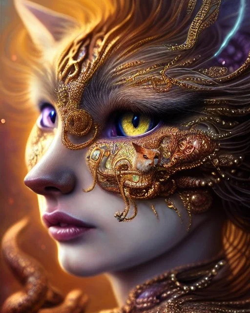 "Insanely detailed photograph of an elaborate beautiful cat goddess intricate glowing skin eyes intricate face hair lashes fur dress hyperdetailed painting by Anna Dittmann Huang Guangjian and Dan Witz CGSociety ZBrush Central fantasy art album cover art 4K 64 megapixels 8K resolution HDR Greek shiny space colours jewelry celestial hair eyes light"