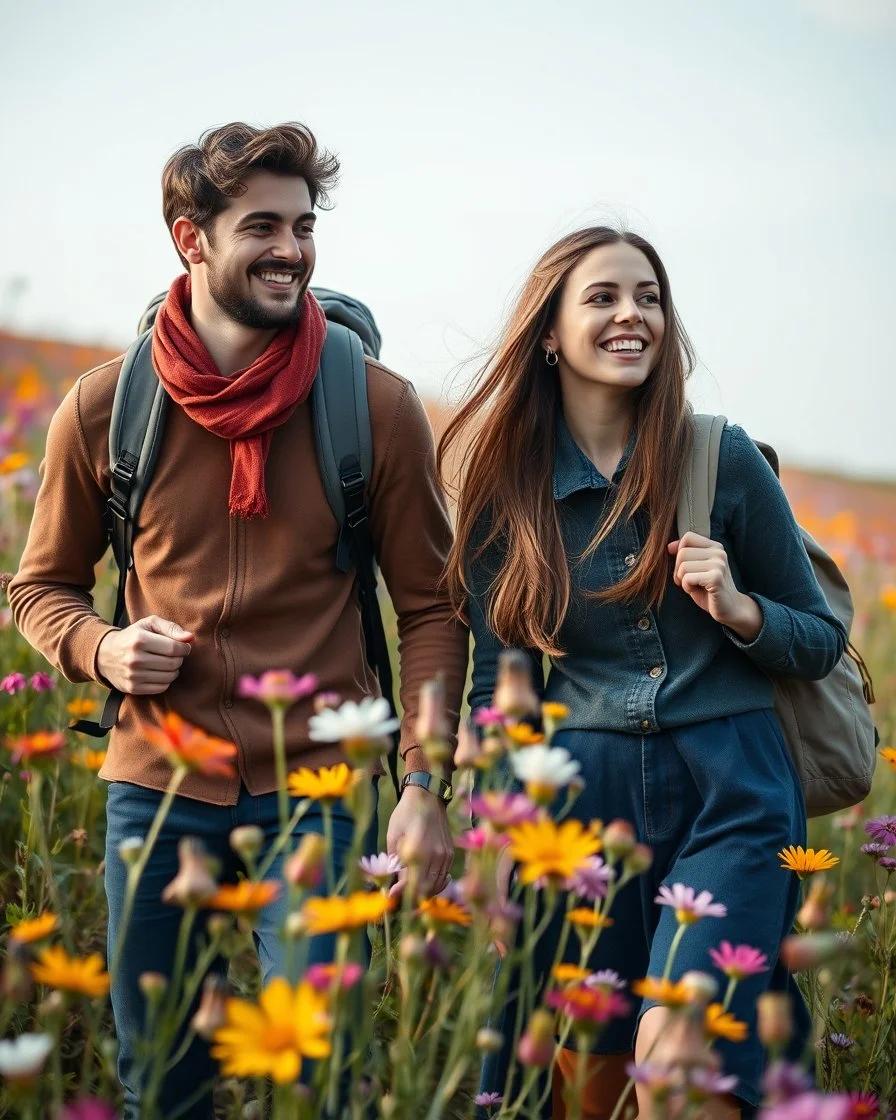 young sweet couple bagpacker adventurer fashion style happy walking and smiling in Realistic photography of a field of wildflowers, soft natural lighting, vibrant colors, intricate details,peaceful and serene atmosphere.