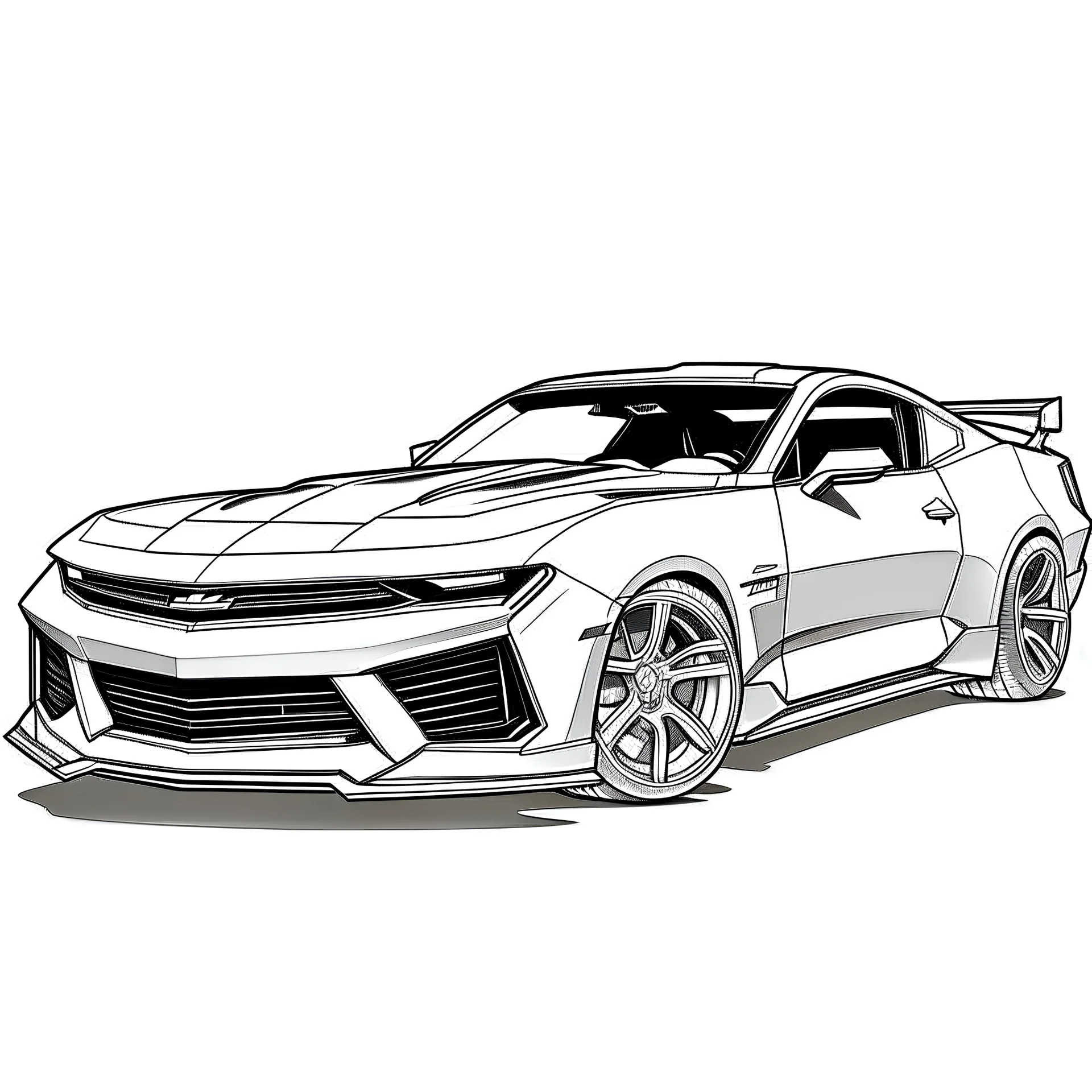 outline art for Chevrolet Camaro ZL1 coloring pages, white background, sketch style, full body, only use outline, clean line art, white background, no shadows and clear and well